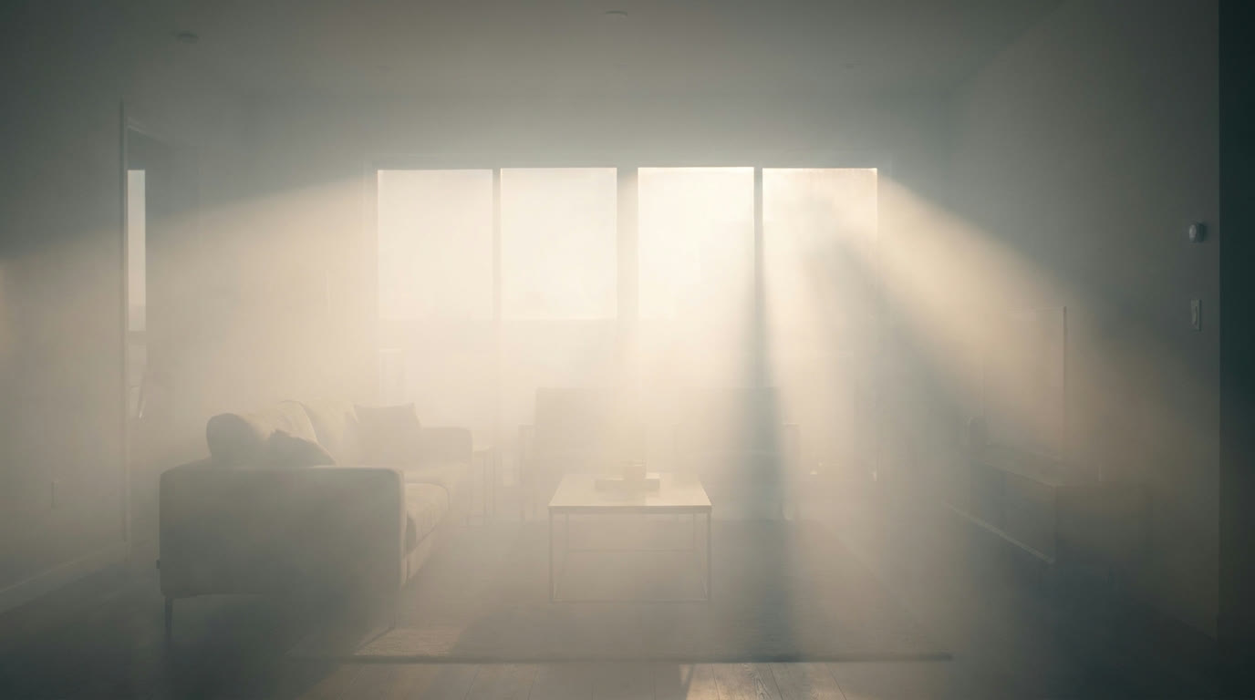 Brouillard de sécurité dense remplissant un salon en quelques secondes lors d'une intrusion