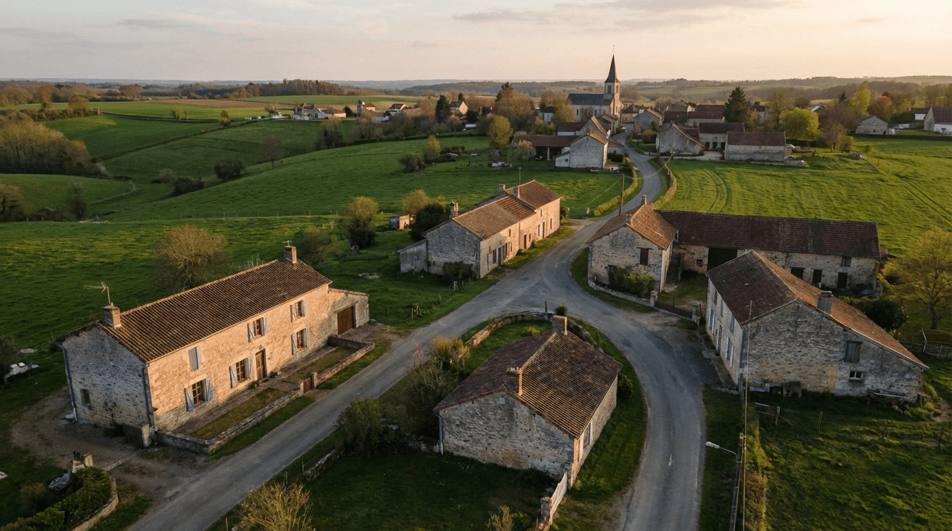 Village rural français vu du ciel - cambriolages en hausse dans les campagnes