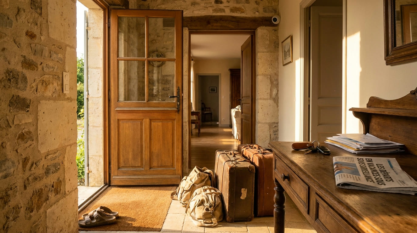 Valises prêtes près de la porte d'entrée d'une maison française, clés de voiture sur la console, départ en vacances